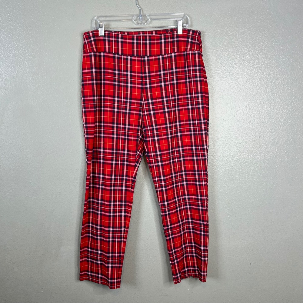 Crown & Ivy Plaid Ankle Pants Sz 12 Red Tartan Bow Hem Stretch Academia Preppy